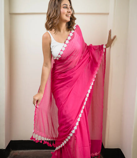 Hot Pink Mulmul Cotton Saree with Daisy Lace & Tassels