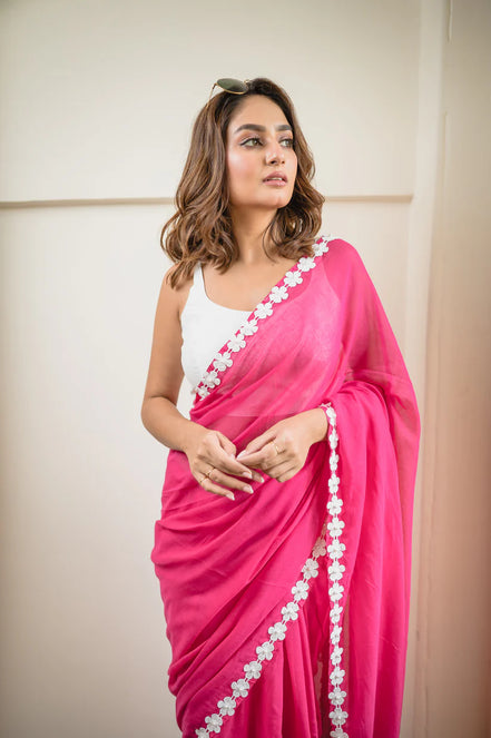 Hot Pink Mulmul Cotton Saree with Daisy Lace & Tassels