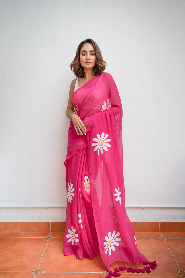 Rohini Hot Pink Mulmul Cotton Saree with Floral Prints