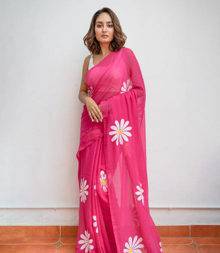 Rohini Hot Pink Mulmul Cotton Saree with Floral Prints