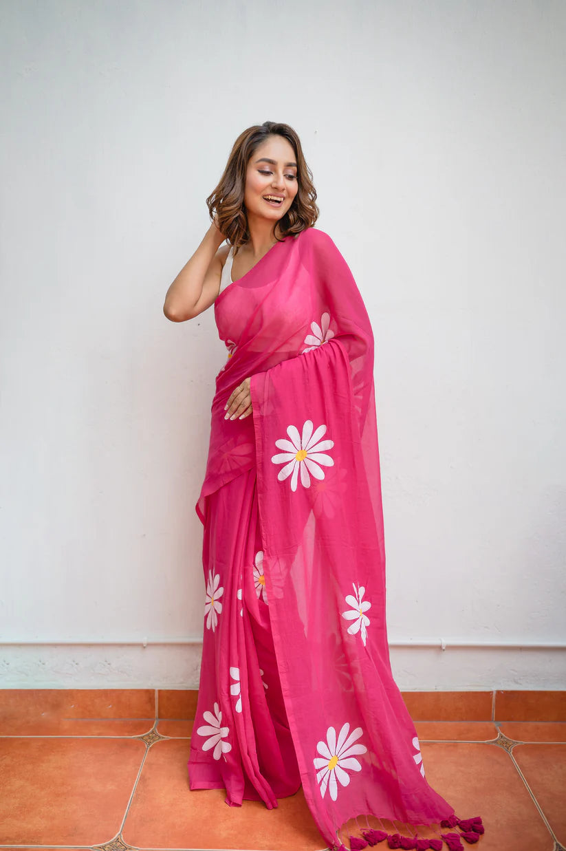 Rohini Hot Pink Mulmul Cotton Saree with Floral Prints