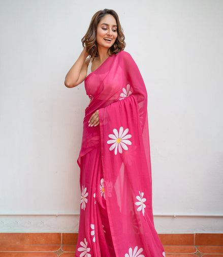 Rohini Hot Pink Mulmul Cotton Saree with Floral Prints
