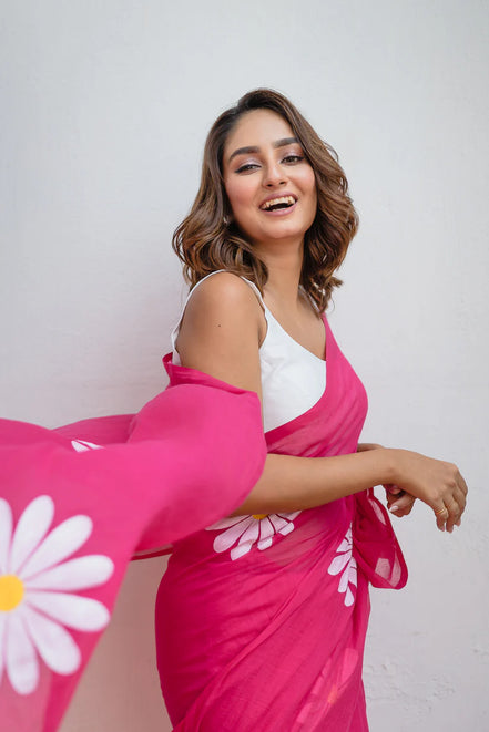 Rohini Hot Pink Mulmul Cotton Saree with Floral Prints