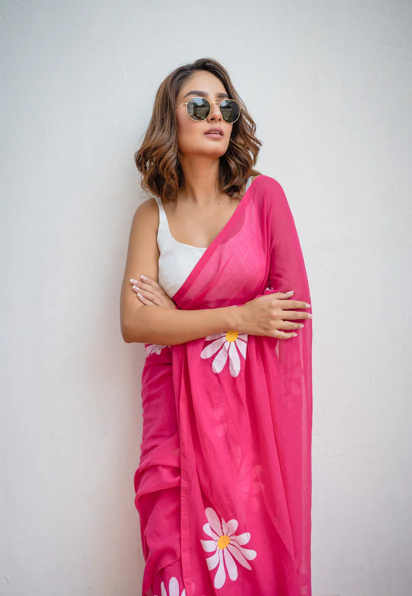 Rohini Hot Pink Mulmul Cotton Saree with Floral Prints