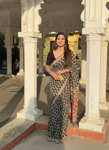 "Maliha" - Artisan Black & Red Handblock Mulmul Saree