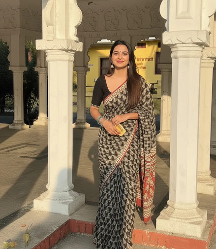 "Maliha" - Artisan Black & Red Handblock Mulmul Saree