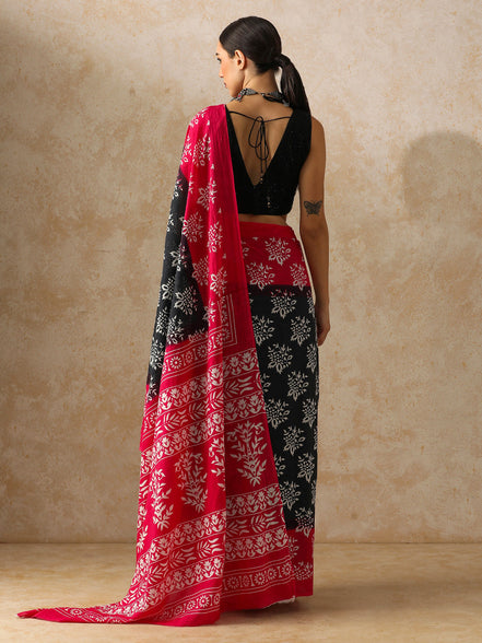 Vamika Black & Red Handblock Mulmul Cotton Saree – Bold Florals & Festive Drama
