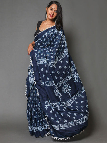 Indigo Blue Cotton Mulmul Handblock Saree