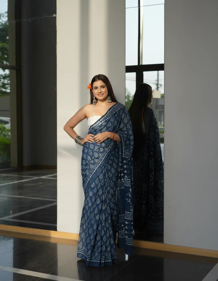 "Vanya" - Jaipuri Indigo Handblock Mulmul Cotton Saree