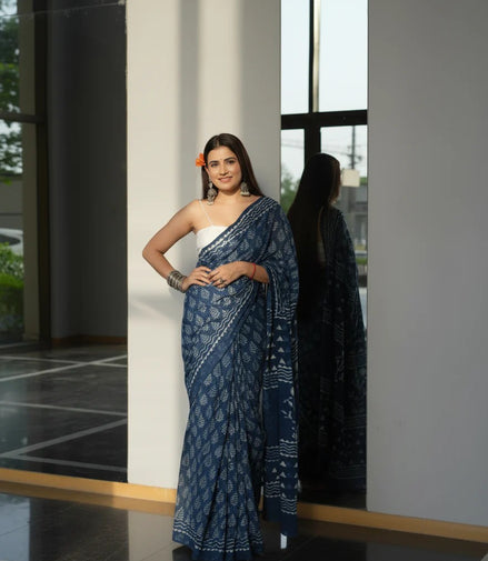 "Vanya" - Jaipuri Indigo Handblock Mulmul Cotton Saree