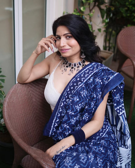 "Aadya" - Kalawati's Jaipuri Handblock Printed Indigo Mulmul Cotton Saree