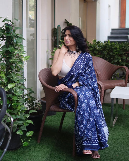 "Aadya" - Kalawati's Jaipuri Handblock Printed Indigo Mulmul Cotton Saree