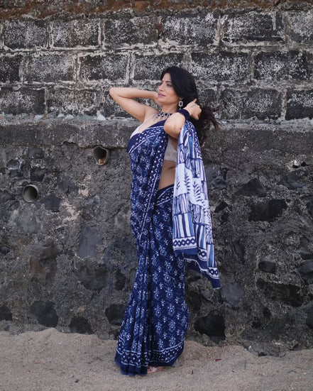"Aadya" - Kalawati's Jaipuri Handblock Printed Indigo Mulmul Cotton Saree