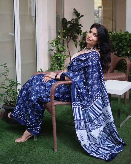 "Aadya" - Kalawati's Jaipuri Handblock Printed Indigo Mulmul Cotton Saree