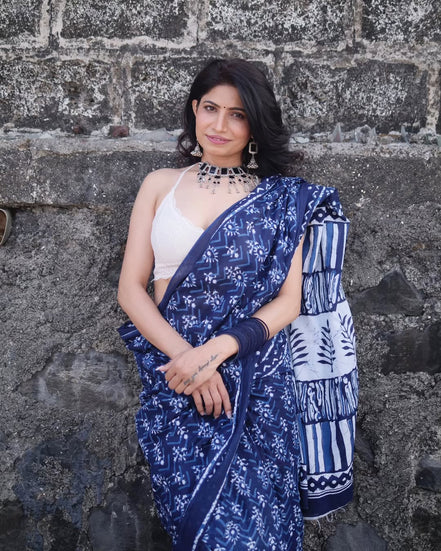 "Aadya" - Kalawati's Jaipuri Handblock Printed Indigo Mulmul Cotton Saree