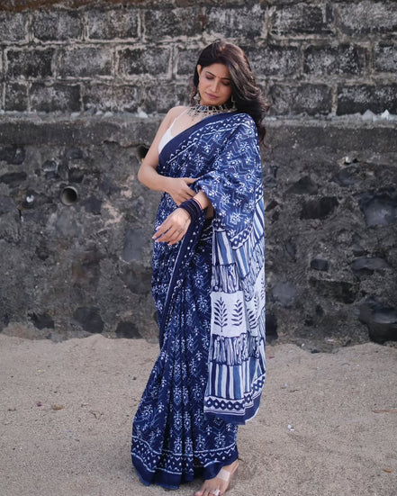 "Aadya" - Kalawati's Jaipuri Handblock Printed Indigo Mulmul Cotton Saree