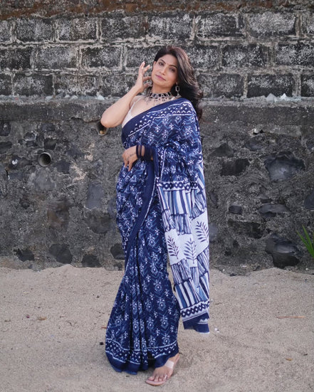 "Aadya" - Kalawati's Jaipuri Handblock Printed Indigo Mulmul Cotton Saree