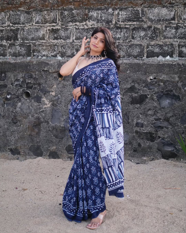 "Aadya" - Kalawati's Jaipuri Handblock Printed Indigo Mulmul Cotton Saree