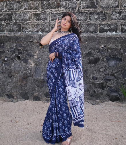 "Aadya" - Kalawati's Jaipuri Handblock Printed Indigo Mulmul Cotton Saree