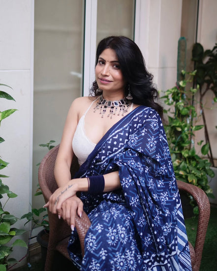 "Aadya" - Kalawati's Jaipuri Handblock Printed Indigo Mulmul Cotton Saree