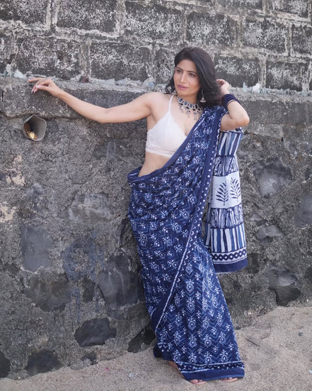 "Aadya" - Kalawati's Jaipuri Handblock Printed Indigo Mulmul Cotton Saree