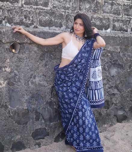 "Aadya" - Kalawati's Jaipuri Handblock Printed Indigo Mulmul Cotton Saree