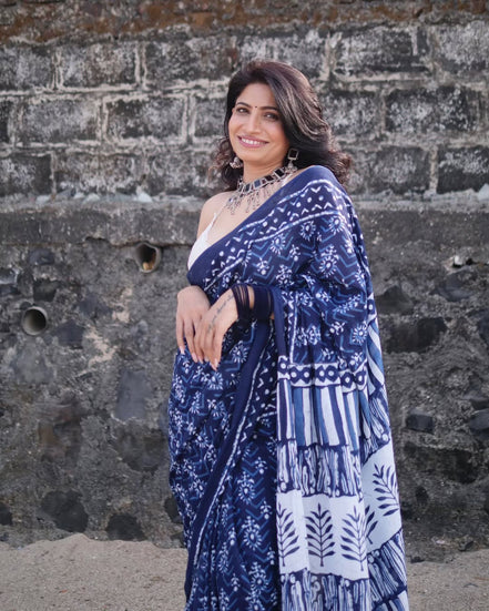 "Aadya" - Kalawati's Jaipuri Handblock Printed Indigo Mulmul Cotton Saree