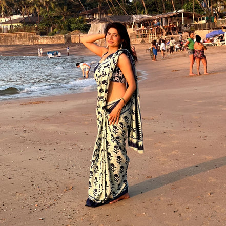 "Siya" - Indigo Floral Handblock Mulmul Cotton Saree