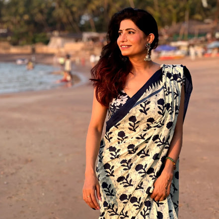 "Siya" - Indigo Floral Handblock Mulmul Cotton Saree