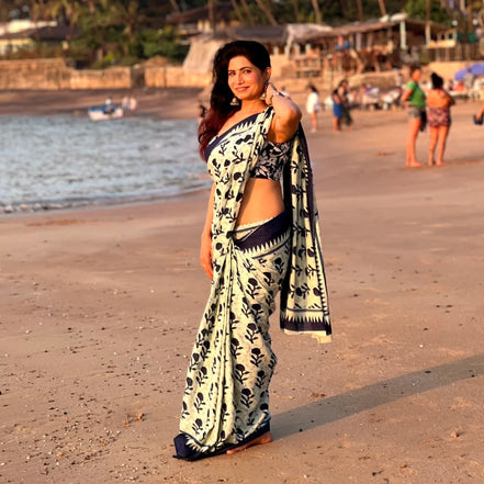 "Siya" - Indigo Floral Handblock Mulmul Cotton Saree