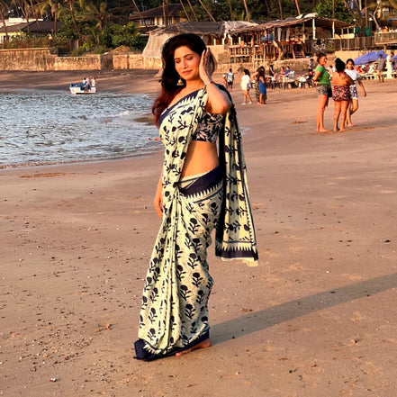 "Siya" - Indigo Floral Handblock Mulmul Cotton Saree