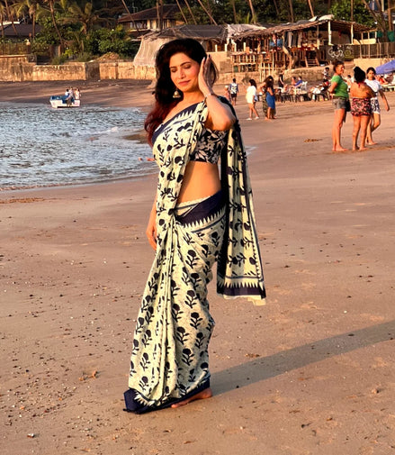 "Siya" - Indigo Floral Handblock Mulmul Cotton Saree