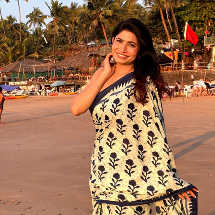 "Siya" - Indigo Floral Handblock Mulmul Cotton Saree