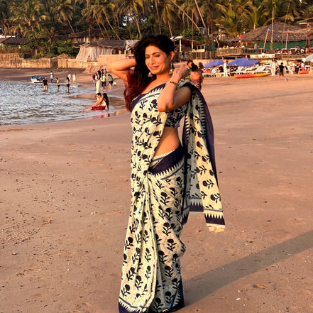 "Siya" - Indigo Floral Handblock Mulmul Cotton Saree