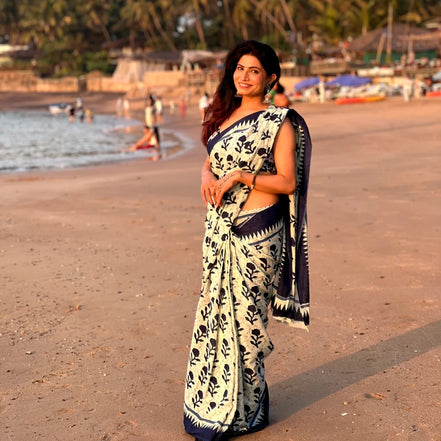 "Siya" - Indigo Floral Handblock Mulmul Cotton Saree