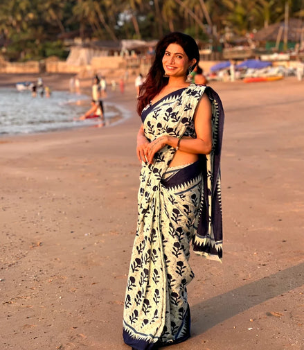 "Siya" - Indigo Floral Handblock Mulmul Cotton Saree