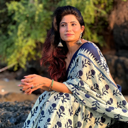 "Siya" - Indigo Floral Handblock Mulmul Cotton Saree