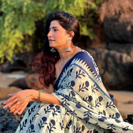 "Siya" - Indigo Floral Handblock Mulmul Cotton Saree