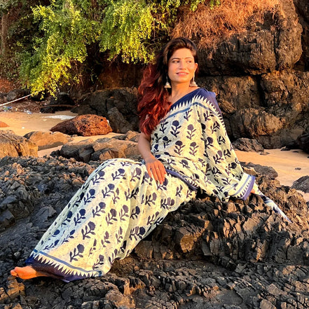 "Siya" - Indigo Floral Handblock Mulmul Cotton Saree