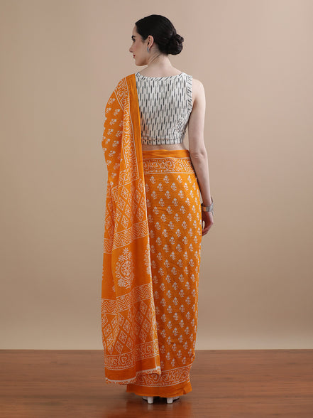 Kanika Orange Handblock Mulmul Cotton Saree – Radiant Florals in Lightweight Elegance