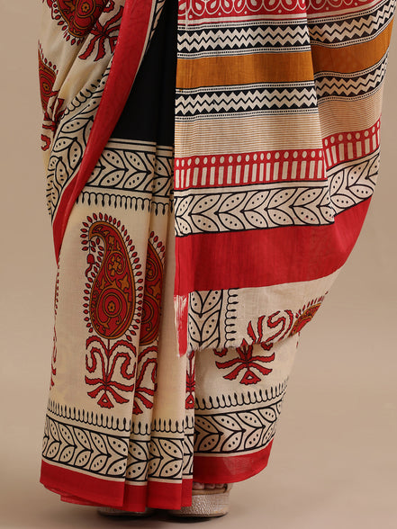 Devina Cream & Red Handblock Mulmul Cotton Saree – Festive Artistry in Every Fold