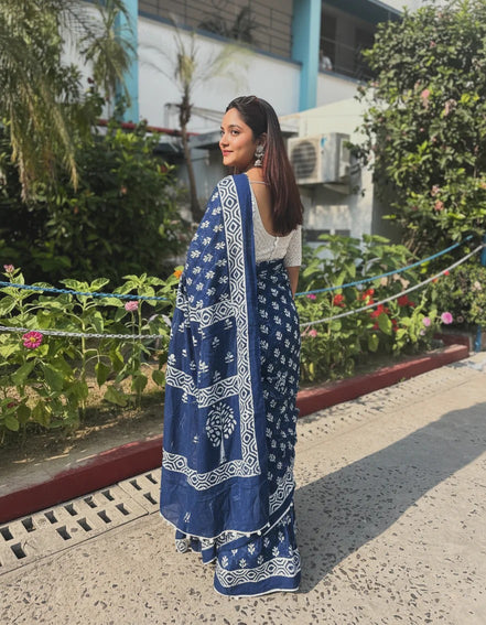 "Neelam" - Indigo Dabu Handblock Mulmul Cotton Saree