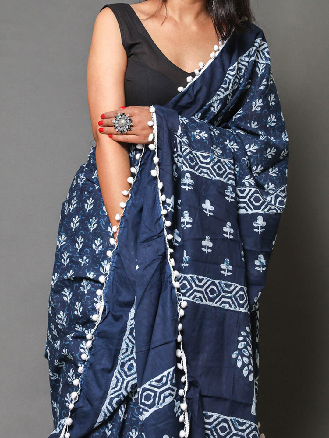 Indigo Blue Cotton Mulmul Handblock Saree