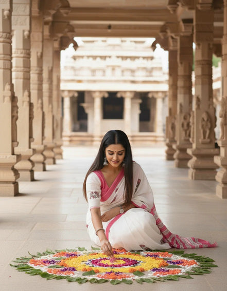 "Kamalini" - Sanganeri Floral Handblock Mulmul Saree