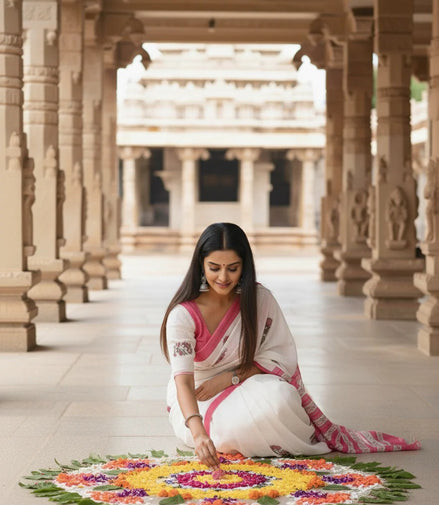 "Kamalini" - Sanganeri Floral Handblock Mulmul Saree