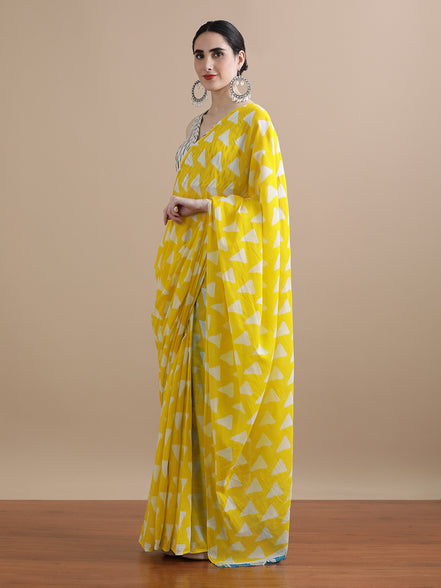 Suvarna Yellow Handblock Mulmul Cotton Saree – Radiant Geometry & Festive Glow
