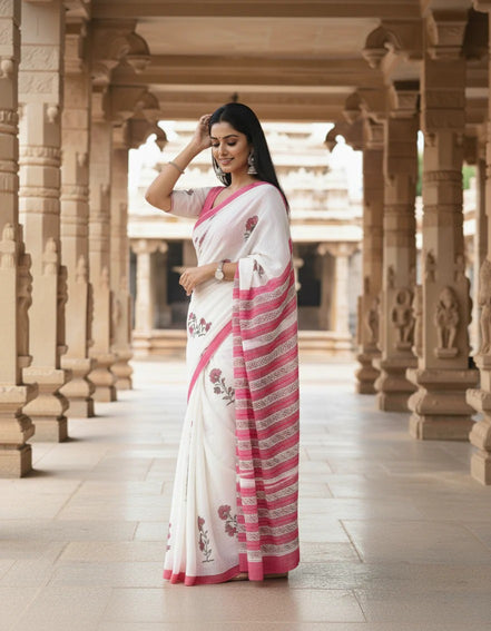 "Kamalini" - Sanganeri Floral Handblock Mulmul Saree
