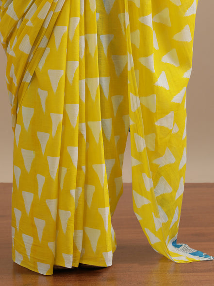Suvarna Yellow Handblock Mulmul Cotton Saree – Radiant Geometry & Festive Glow