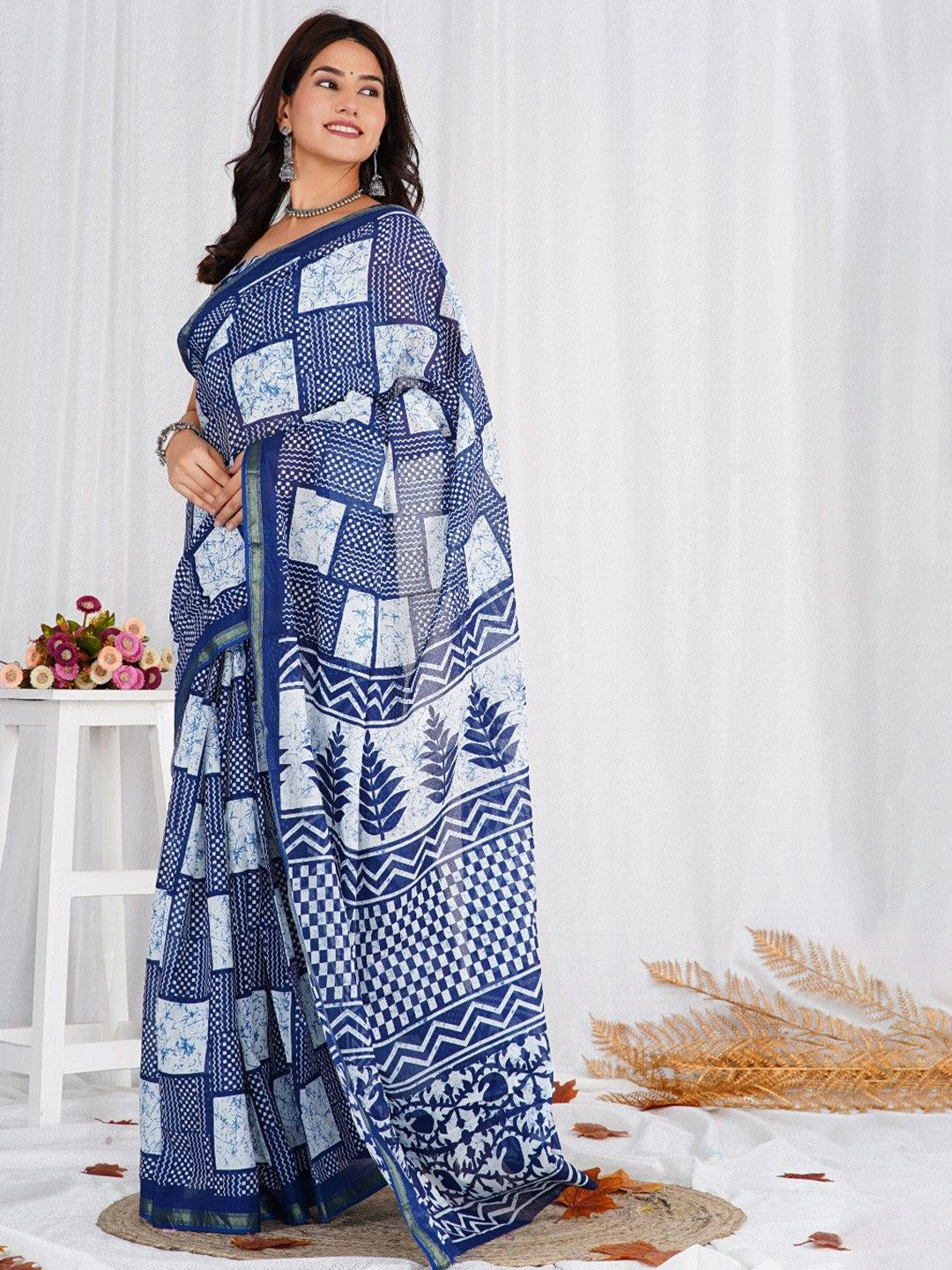 Blue & White Mulmul Cotton Handblock Saree – Lightweight & Elegant