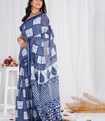 Blue & White Mulmul Cotton Handblock Saree – Lightweight & Elegant